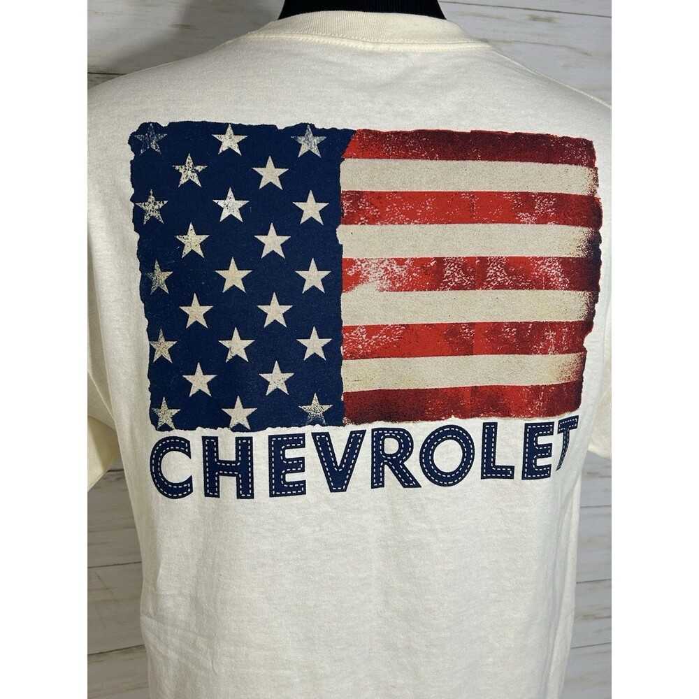 MINTY! JOE MARLIN  T Shirt Chevrolet Chevy LARGE Men Off White US AMERICAN FLAG